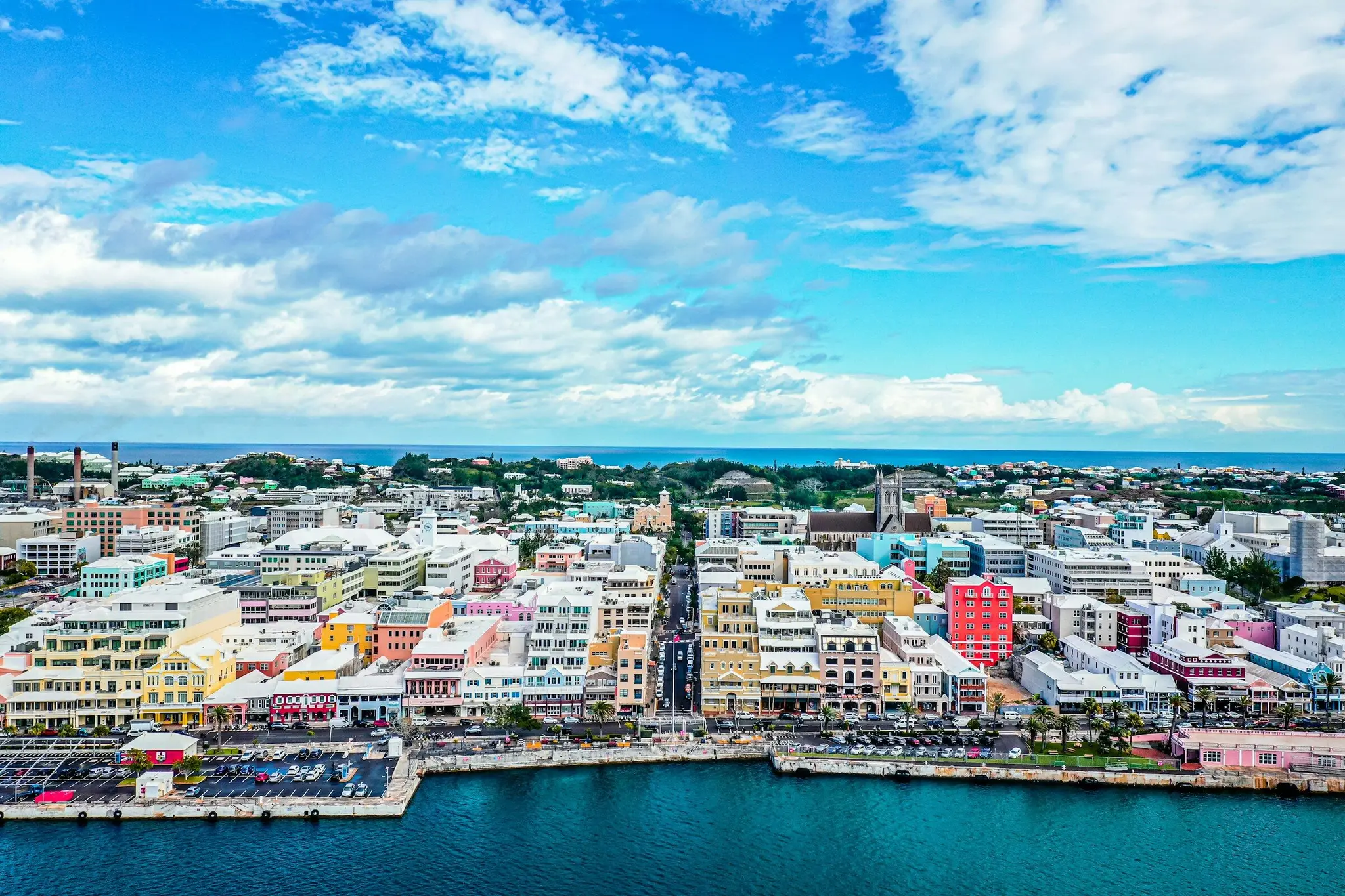 Colourful buildings along Front Street and the harbour in Hamilton, Bermuda