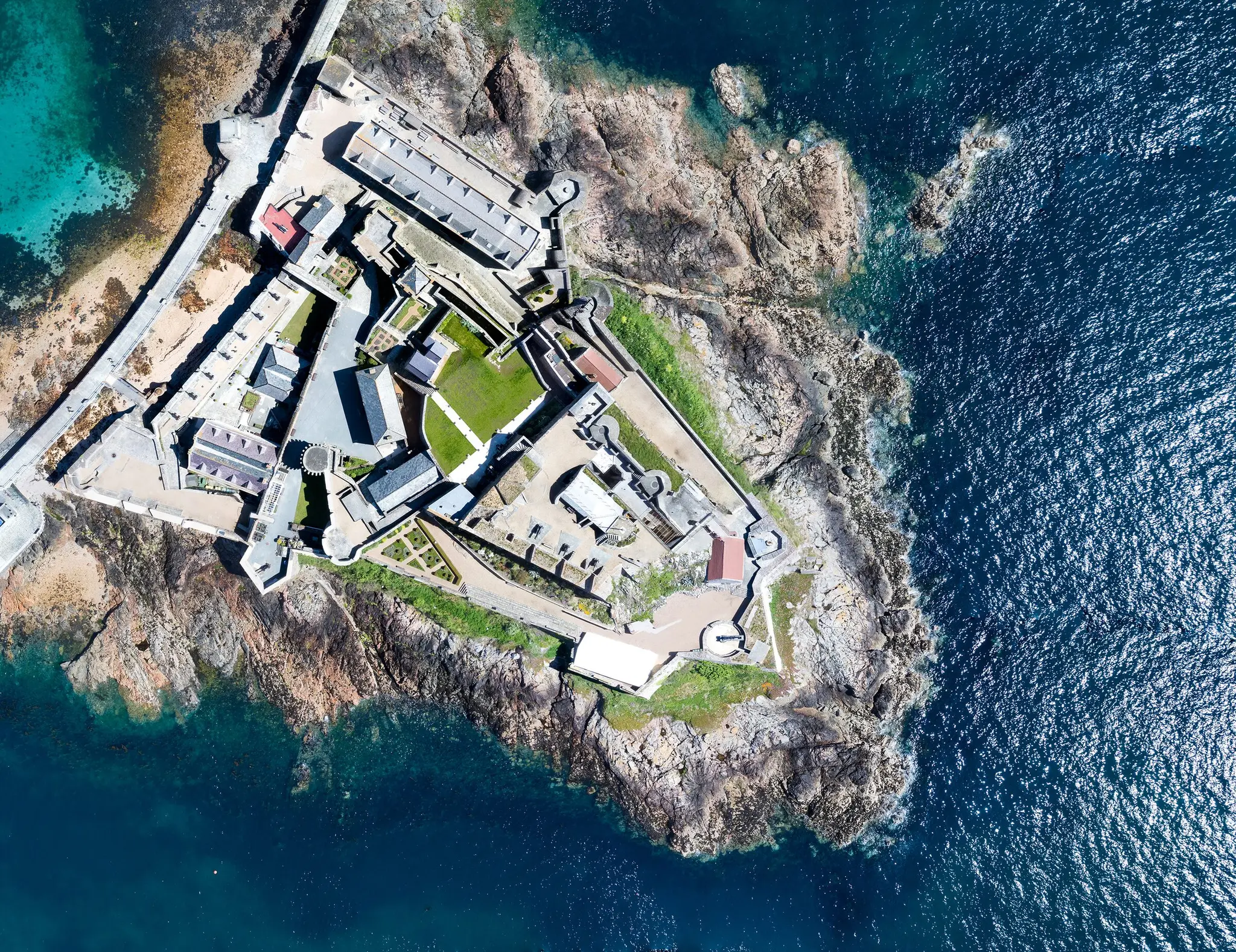 Aerial view of Castle Cornet and the surrounding sea in Guernsey