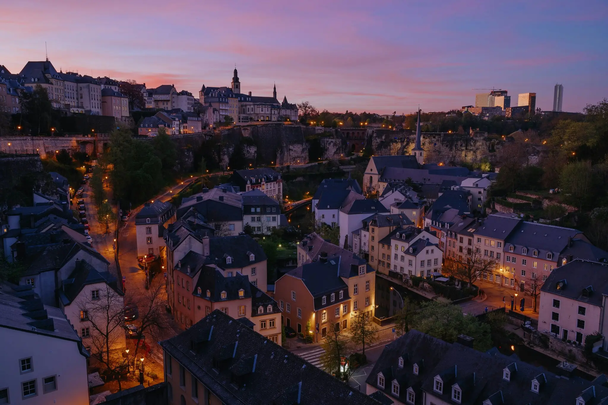 Luxembourg City’s old town and the Grund district at sunset