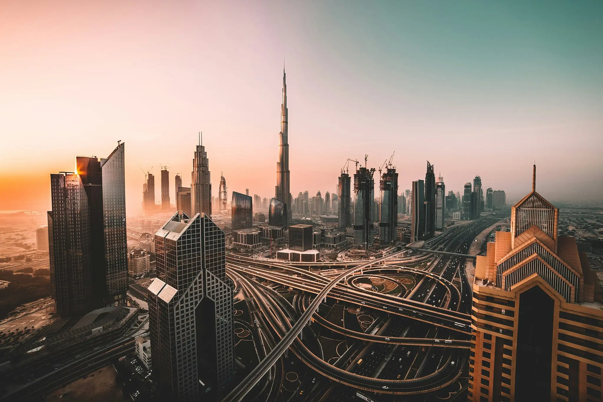 Burj Khalifa and the Downtown Dubai skyline at sunrise, United Arab Emirates